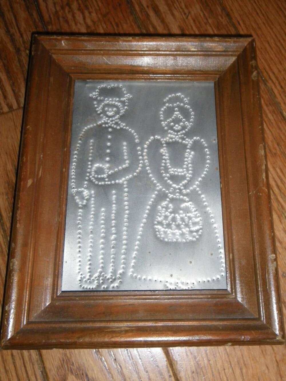 Vintage Small Framed Tin Punched Rustic Country Folk Art Husband & Wife